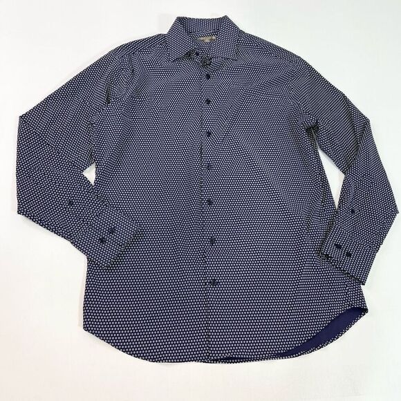 Peter Millar Button Up Shirt Mens Medium Navy White Geometric Long Sleeves - Picture 1 of 12
